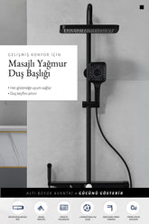 Premium Siyah Duş Sistemi Seti - 4 Fonksiyonlu Yağmur Duş Başlığı, Temperli Cam Raf, Masajlı El Duşu
