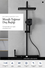 Premium Siyah Duş Sistemi Seti - 4 Fonksiyonlu Yağmur Duş Başlığı, Temperli Cam Raf, Masajlı El Duşu