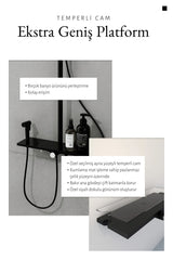 Premium Siyah Duş Sistemi Seti - 4 Fonksiyonlu Yağmur Duş Başlığı, Temperli Cam Raf, Masajlı El Duşu