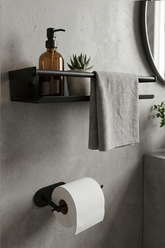 Paslanmaz Çelik Mat Siyah Yapışkan Montaj Banyo Rafı - Tuvalet Kağıdı Askısı Set