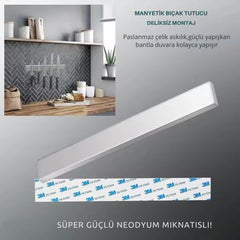 Manyetik Bıçak Tutucu Paslanmaz Çelik Delme Yok 3M Bantlı Neodyum Mıknatıslı Mutfak Bıçak Rafı Organizer