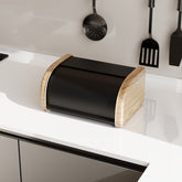 Ahşap Desenli Mat Siyah Ekmek Saklama Kutusu - Açılır Kapanır Ekmeklik