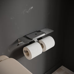 İnoks Satine Çiftli Tuvalet Kağıdı Askısı - Raflı 304 Paslanmaz Çelik - Yapışkanlı Vidasız Banyo Askısı