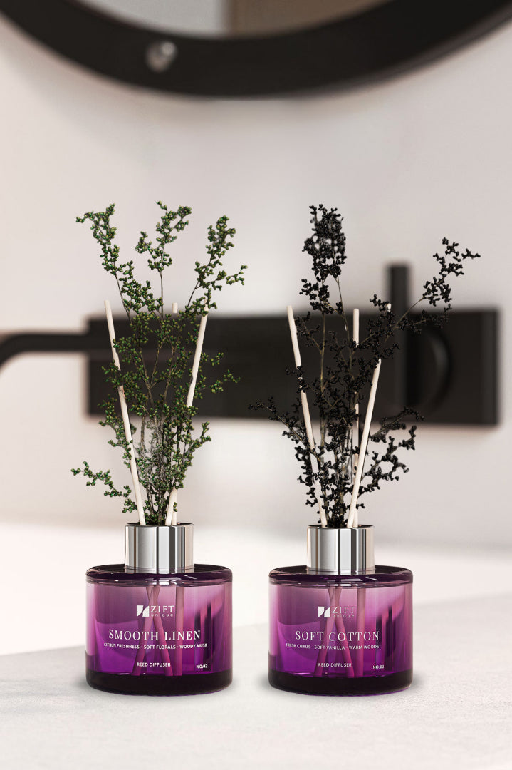 2 Adet Bambu Çubuklu Oda Kokusu - Dekoratif Çiçekli Banyo&Tuvalet Parfümü SOFT-COTTON&LİNEN