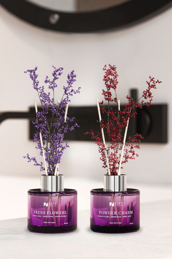 2 Adet Bambu Çubuklu Oda Kokusu - Dekoratif Çiçekli Banyo & Tuvalet & Oda Parfümü