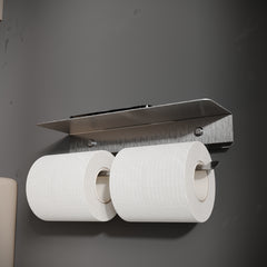 İnoks Satine Çiftli Tuvalet Kağıdı Askısı - Raflı 304 Paslanmaz Çelik - Yapışkanlı Vidasız Banyo Askısı