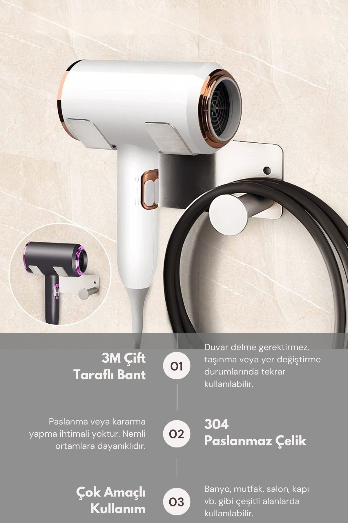 Duvara monte fön makinesi standı